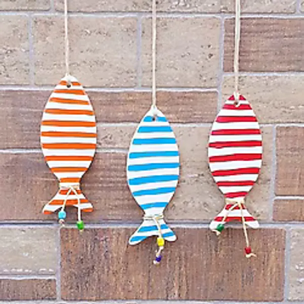 Bodrum Balık Dekoratif Duvar Süsü, Çizgili Balık, Turuncu, Mavi ve Kırmızı, 3'lü Set