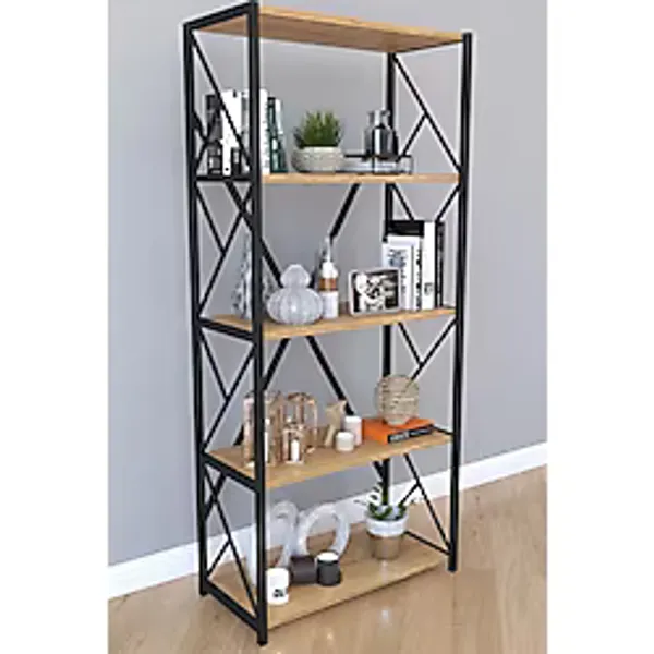 Body-GYM 5 Raflı Metal Kitaplık Modern Kitaplık Ofis Rafı Çok Amaçlı Metal Raf - Meşe