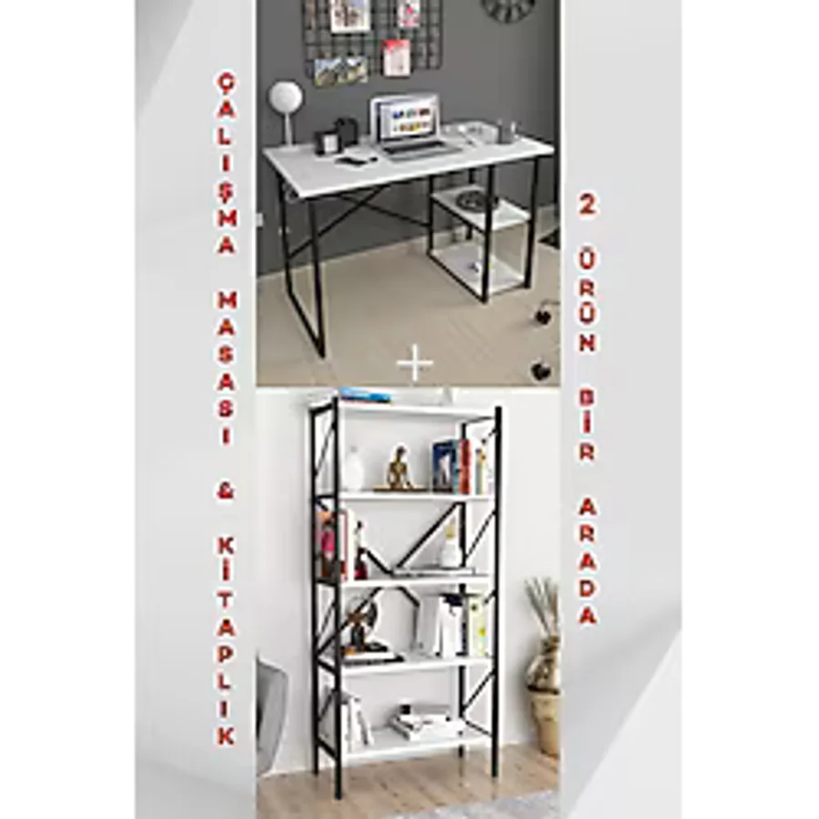 Bofigo 2 Raflı Çalışma Masası Bilgisayar Masası Ofis Ders Masası + 5 Raflı Kitaplık Metal Kitaplık Beyaz - Y: 75 cm D: 60 cm G: 120 cm