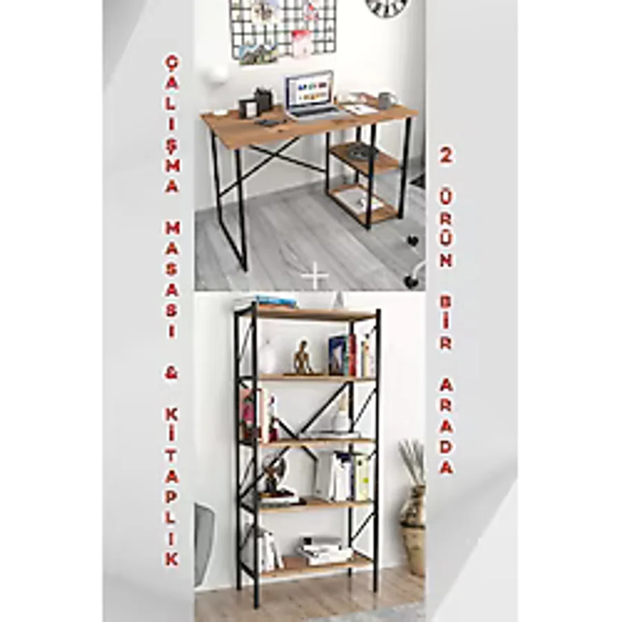 Bofigo 2 Raflı Çalışma Masası Bilgisayar Masası Ofis Ders Masası + 5 Raflı Kitaplık Metal Kitaplık Çam - Y: 75 cm D: 60 cm G: 120 cm