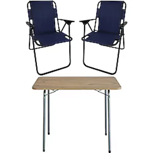 Bofigo 60X80 Çam Desenli Katlanır Masa + 2 Adet Katlanır Sandalye Kamp Seti Bahçe Takımı Lacivert