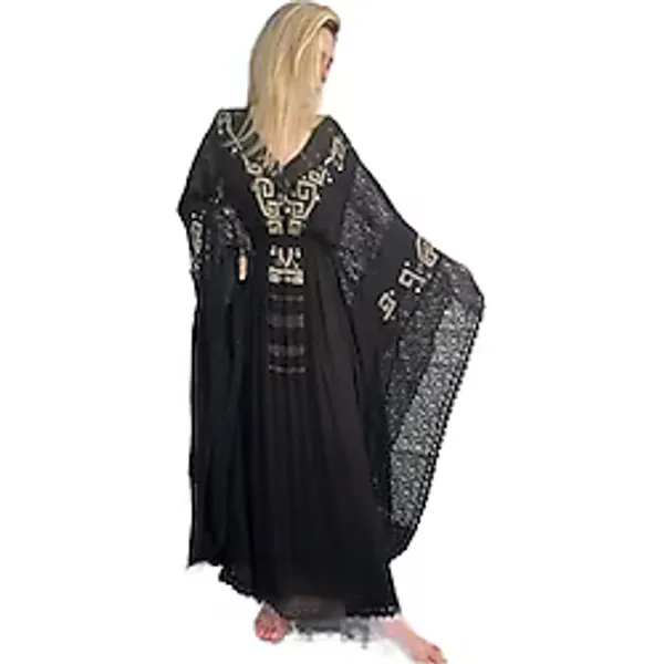 Bohemian Fıransız Tasarım Gold İşlemeli Siyah Abiye Elbise Kaftan Abaya siyah Standart
