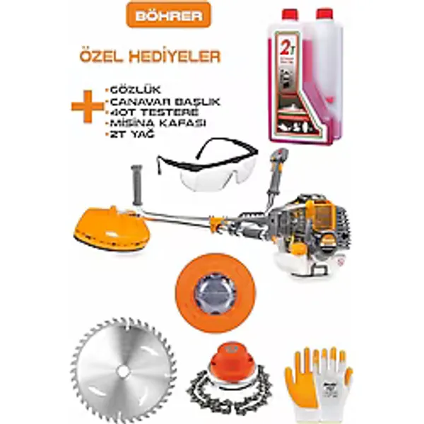 Böhrer 15HP /h Yan Tipi Benzinli Ot Çalı Çim Biçme Tırpan Makinesi + Canavar+Yağ+Gözlük+Eldiven
