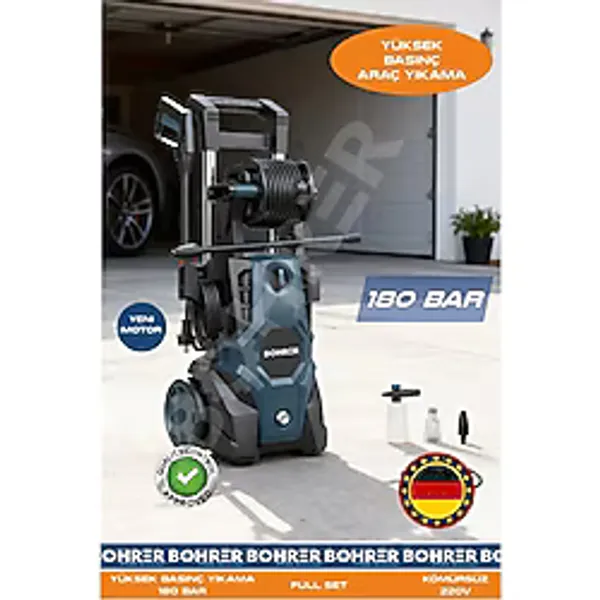 Böhrer 200 BAR TAŞINABİLİR YÜKSEK BASINÇLI ARAÇ OTO YIKAMA MAKİNESİ - KÖPÜK TABANCALI - 220V FULL SET - MAVİ