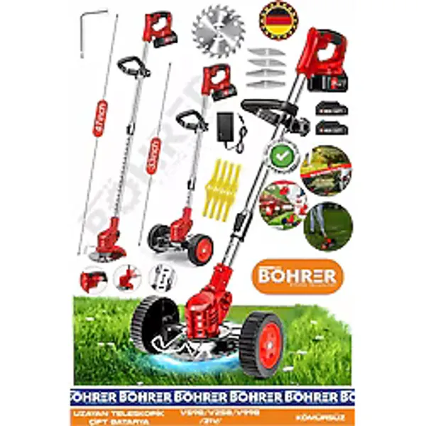 BÖHRER 21V BA011140K Akülü Çim Biçme Makinesi - Şarjlı Ot Kesme Ve Kenar Düzeltme Makinesi + Çift Akülü Set