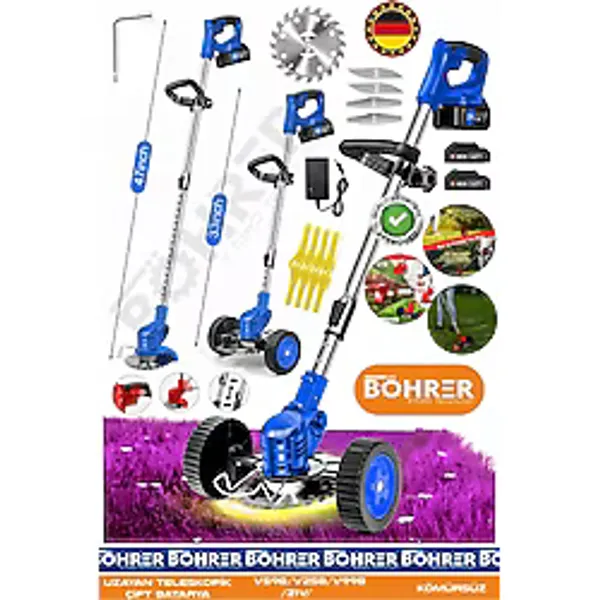 BÖHRER 21V BA011140M Akülü Çim Biçme Makinesi - Şarjlı Ot Kesme Ve Kenar Düzeltme Makinesi + Çift Akülü Set
