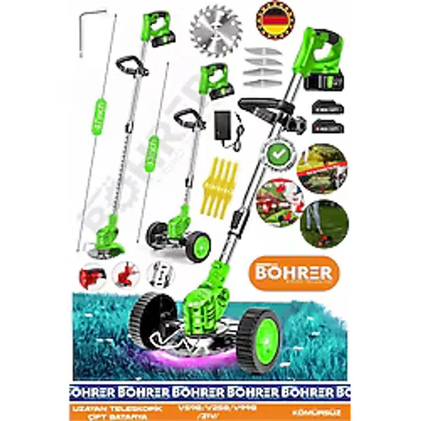 BÖHRER 21V BA011140Y Akülü Çim Biçme Makinesi - Şarjlı Ot Kesme Ve Kenar Düzeltme Makinesi + Çift Akülü Set