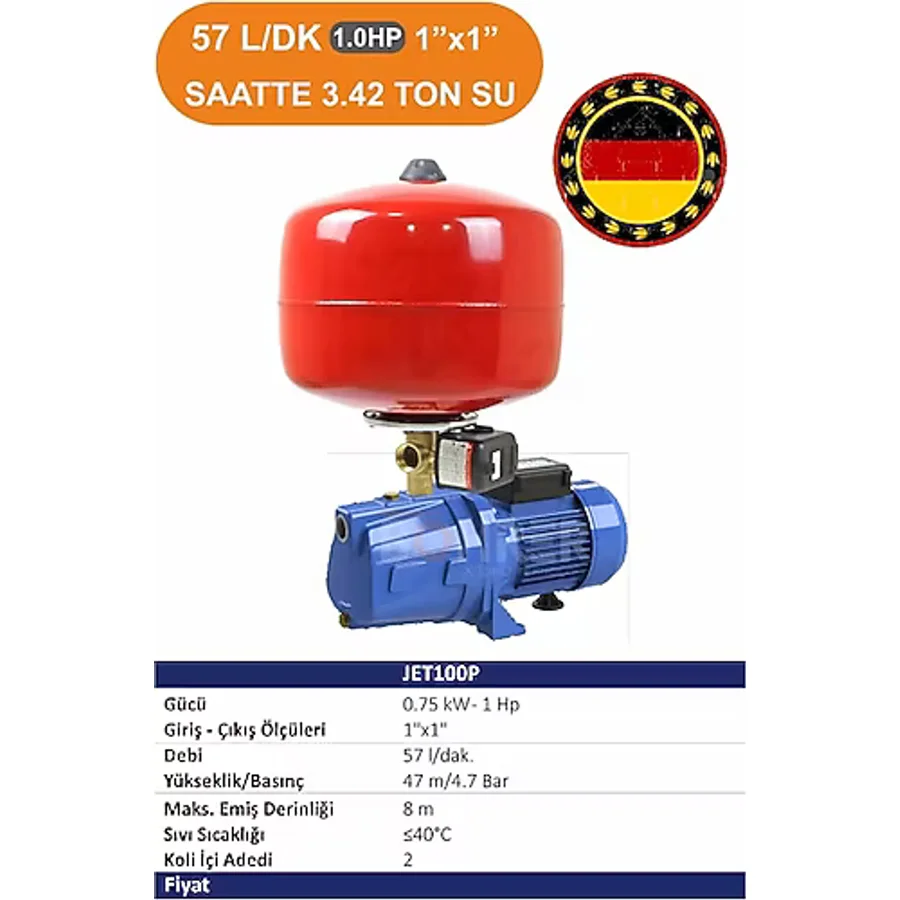 Böhrer 3 Kat 3 Daire JET100P 750W 1 Hp 24 L Italyan Tiptomatik Aç Kapa Hidrofor Tank Set
