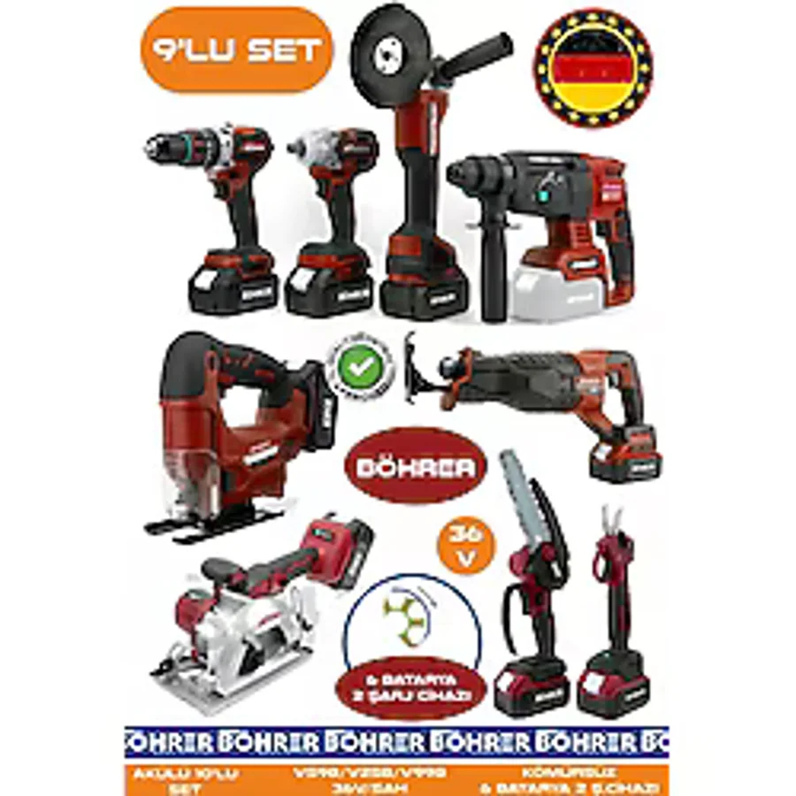 BÖHRER Alman 9 Makine Kombo Set Ba01083k 6 Akülü 2 Şarjlı Kömürsüz V598 5ah Profesyonel - Red Kirmizi