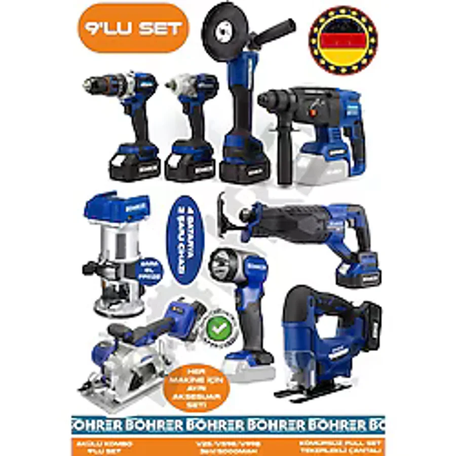 BÖHRER Alman 9 Makine Kombo Set Ba01093k 4 Akülü 2 Şarjlı Kömürsüz V598 5ah Profesyonel - Red Kirmizi