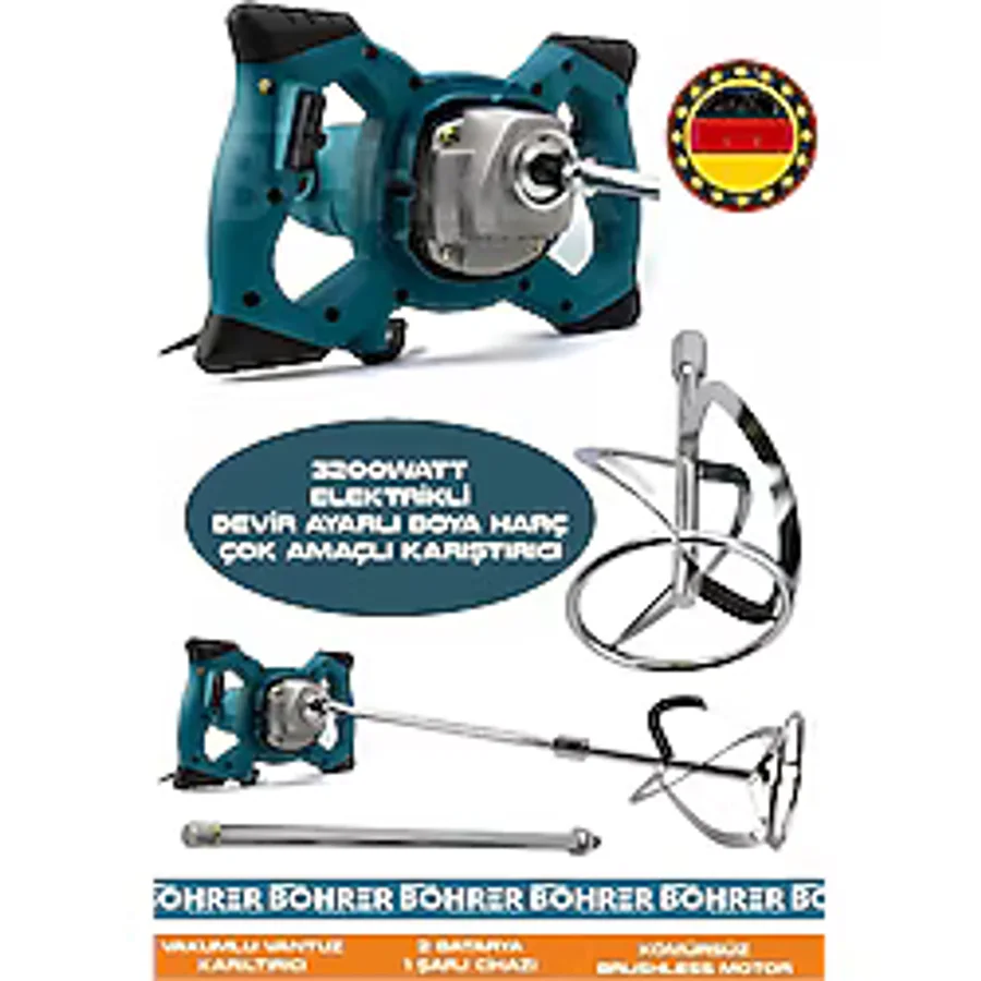 Böhrer Alman HB0403T 3200W Devir Ayarlı Çift Şanzıman Yeni Nesil Elektrikli Boya Harç Çok Amaçlı Mavi Karıştırıcı