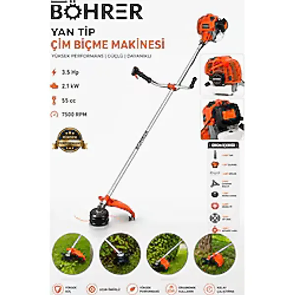 BÖHRER BA011341 55CC 3.5 HP Benzinli Yan Tip Motorlu Tırpan Çim Biçme Makinesi Full Set Canavar Başl