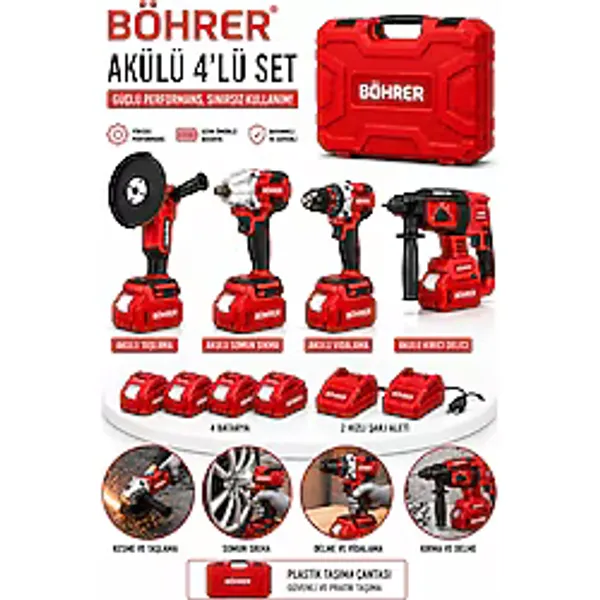 Böhrer BA011397 Akülü 4 Lü Set +4 Batarya 2 Şarj Aleti - 36V 5AH