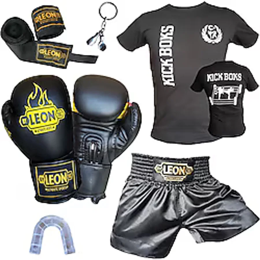 Boks Eldiveni, Leon Kick Boks Şortu, Tişört, Bandaj, Dişlik Seti Siyah (Siyah, XL)