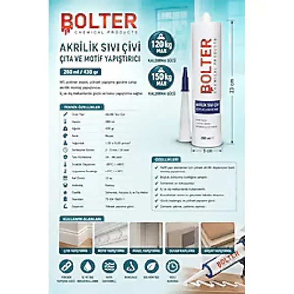 BOLTER CHEMİCAL PRODUCTS Akrilik Sıvı Çivi Çıta ve Motif Yapıştırıcı 280 Ml / 430 Gr Boşluk Doldurma ve Yapıştırıcı Boyanabilir