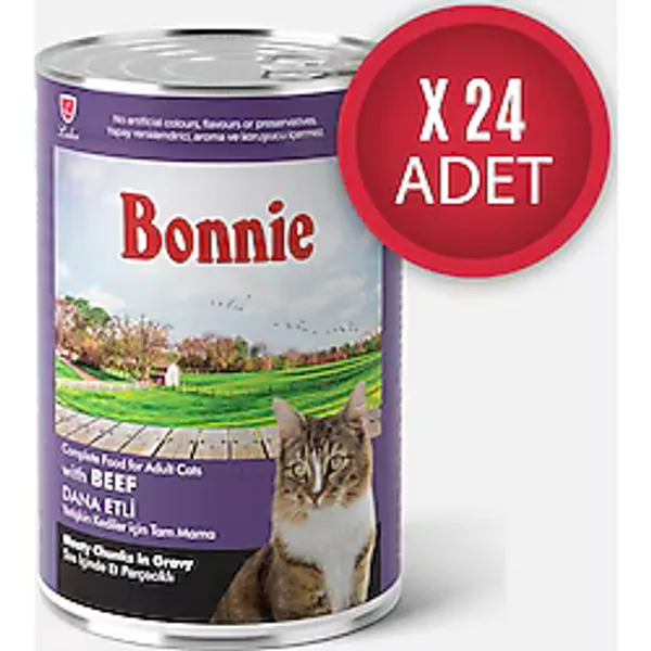 Bonnie Biftekli Sos İçinde Et Parçacıklı Yetişkin Kedi Konserve Yaş Mama 400 Gr x 24 Adet