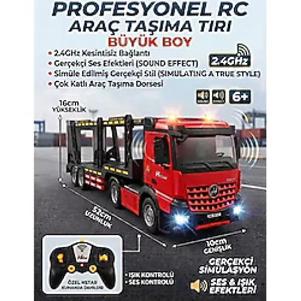 Boratila Toys Büyük Boy 2.4 Ghz Uzaktan Kumandalı Araç Taşıyıcı Konteyner Tırı Full Fonksiyon RC Tır - Kırmızı