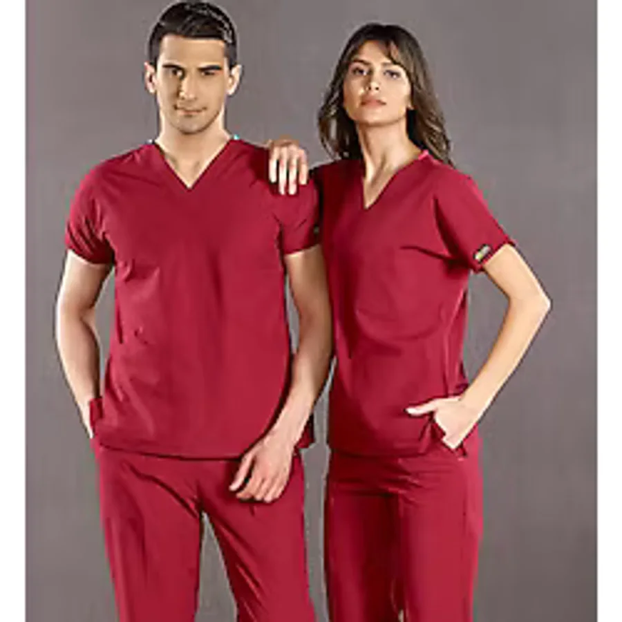 Bordo Likralı Doktor Hemşire Forması Scrubs Dr Greys Takım (Esnek Kumaş)