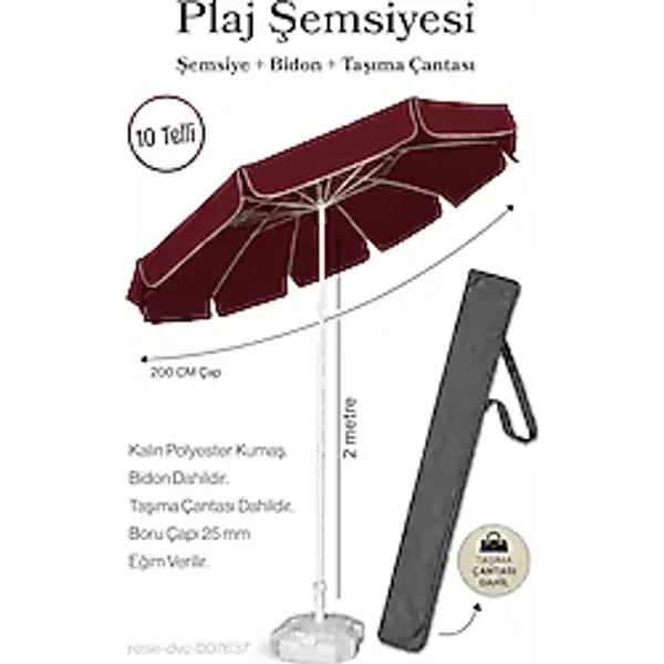 Bordo Plaj Şemsiyesi 200 Cm Çap / 10 Telli + Bidon + Taşıma Çantası Dahil