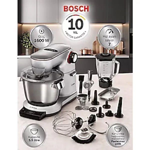 Bosch 1600 W Profesyonel Standlı Mikser, 5,5 L Çelik Hazne, Tartı ve Zamanlayıcı - Kıyma Aparatı + Içli Köfte ve Sucuk Aparatı + Blender + Çırpıcı + Hamur Kancası - Gümüş - Siyah