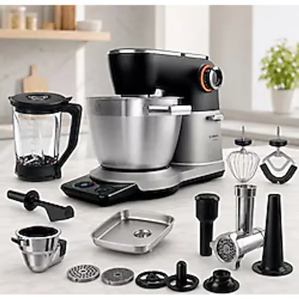 Bosch 1800 W Akıllı Standlı Mikser, 6 L, Tft Ekran, 15 Program - 6 L Ana Hazne + 5,3 L Ikinci Hazne + Hamur Kancası + Çırpıcı + Karıştırıcı + Içli Köfte ve Sucuk Aparatı - Gümüş - Siyah