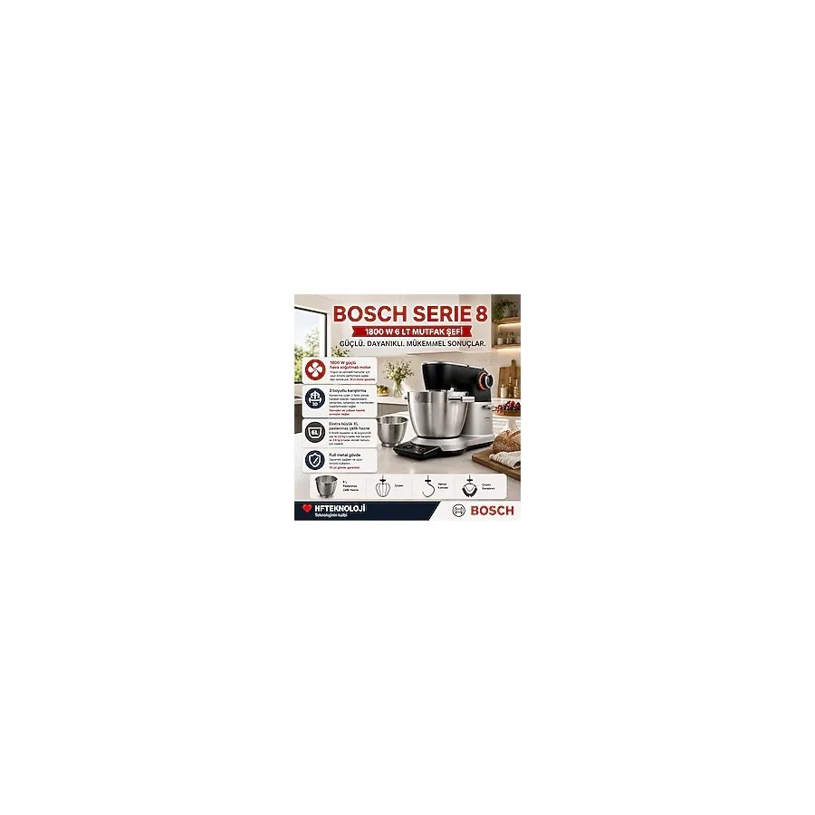 Bosch 1800 W Serie 8 Mutfak Makinesi, Entegre Tartısı Sayesinde Doğrudan Kase Içinde, 6 Lt Mutfak Şefi - Inox