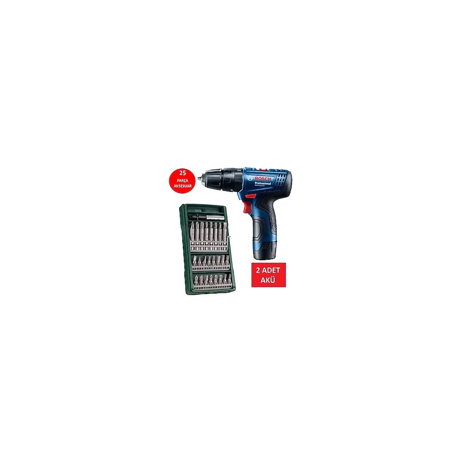 Bosch Darbeli Matkap Çift Akülü Şarjlı Matkap Akülü Vidalama + 25 Parça Vidalama Ucu Seti