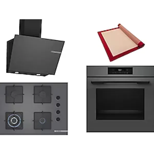 Bosch Gri 3 Lü Ankastre Set 429 ( HJG852YN0T - POH7C9P30O - DWK66PJ70T ) 67CM Wok Bek Ocak - 3D Fry Hava ile Kızartma - Pişirme Matı ile