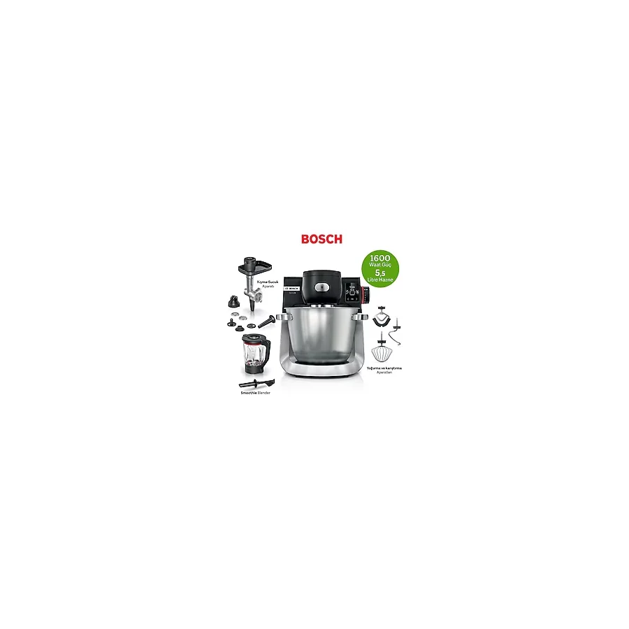 Bosch Kıyma Yapma & Hamur Yoğurma + Smoothie Blender 1600W 5,5litre Paslanmaz Çelik Hazne Dijital Ekran Premium Serie 6 Terazili Mikser & Mutfak Şefi - Siyah