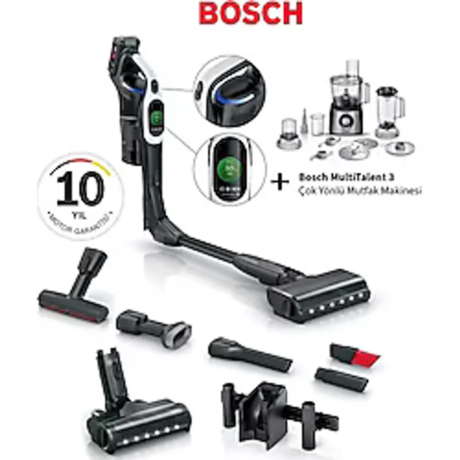 Bosch Premium BCS104 Şarjlı Dikey Süpürge Unlimited 10 Dijital Turbospinmotor Çiftbataryalı 160DK Temizlik+Bosch Multitalent Mutfak Robotu - Beyaz