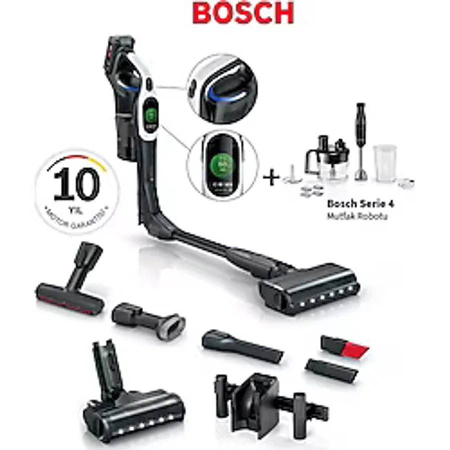 Bosch Premium Çift Bataryalı 160DK Temizlik Unlimited 10 Premium BCS104 Şarjlı Dikey Süpürge+ Bosch Serie 4 Mutfak Robotu - Beyaz
