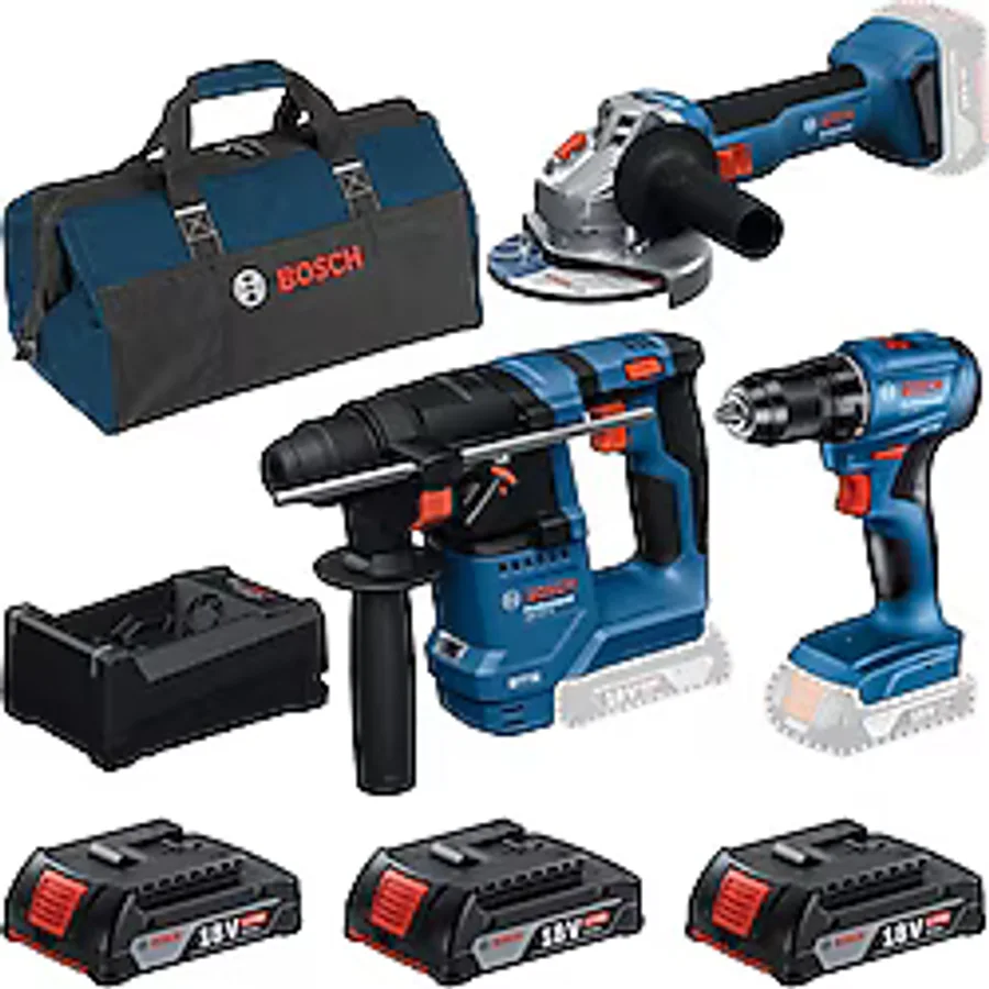 Bosch Professional GBH 18V-18 + GSR 185-LI + GWS 18V-8 + Kanvas Çanta + 3x18V 2.0Ah Akülü Set