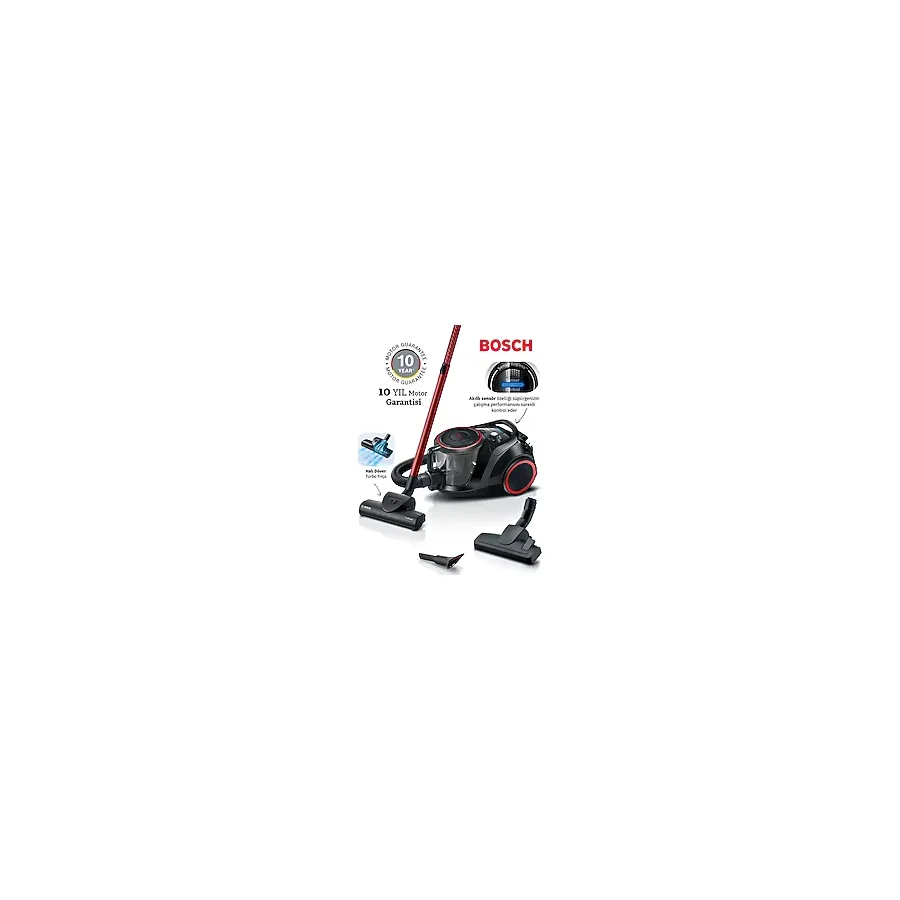 Bosch Serie 6 Toz Torbasız Süpürge Turbo Başlıklı Akıllı Sensör ile Filitre Temizliği Alman Mühendisliğiyle Hazırlanan Teknoloji 700W 10 Yıl Motor Garantili - Siyah - Kırmızı