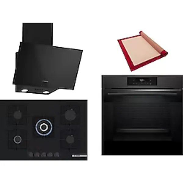 Bosch Siyah 3 Lü Ankastre Set 394 ( HJG852YT0T - PNQ7B6P30O - DWK63PJ60T(61T) ) 75CM Wok Bek Ocak - 3D Fry Hava ile Kızartma - Pişirme Matı ile