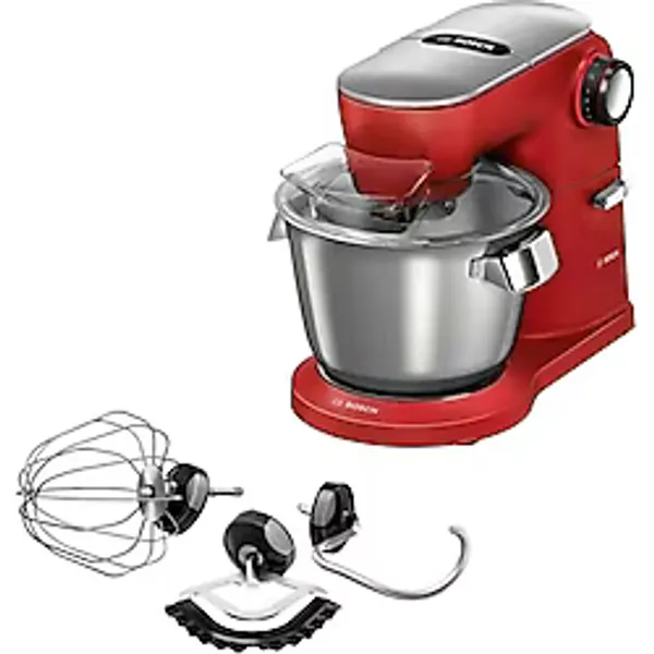 Bosch Standlı Mikser, 1600 W Kırmızı , 5,5 L Çelik Hazne, 7 Kademe - Blender + Çırpıcı + Karıştırıcı + Hamur Kancası Kıyma ve Içli Köfte Aparatı + Sucuk Aparatı - Kırmızı Silver