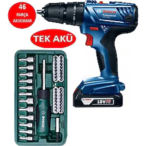 Bosch Tek Akülü Darbeli Matkap 18V Akülü Vidalama Şarjlı Matkap + 46 Parça Vidalama Ucu Tornavida