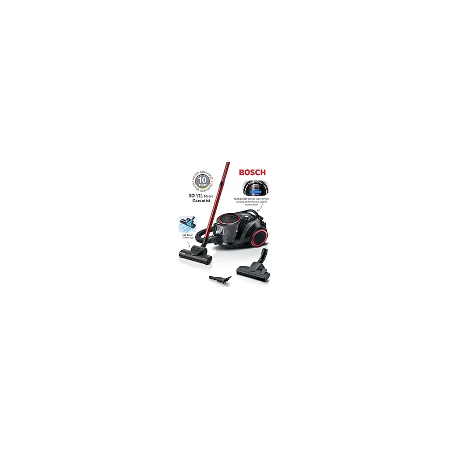 Bosch Turbo Halı Döver Serie 6 Toz Torbasız Süpürge Propower Akıllı Sensör ile Filitre Temizliği Bosch Motor Teknolojisi ile Yüksek Performans - Siyah - Kırmızı