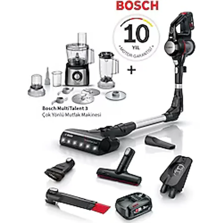 Bosch Unlimited 7 Şarjlı Süpürge - LED Başlık, Kolay Temizlik, ve Güçlü Motor Teknolojisi + Bosch Multitalent 3 Mutfak Robotu - Beyaz