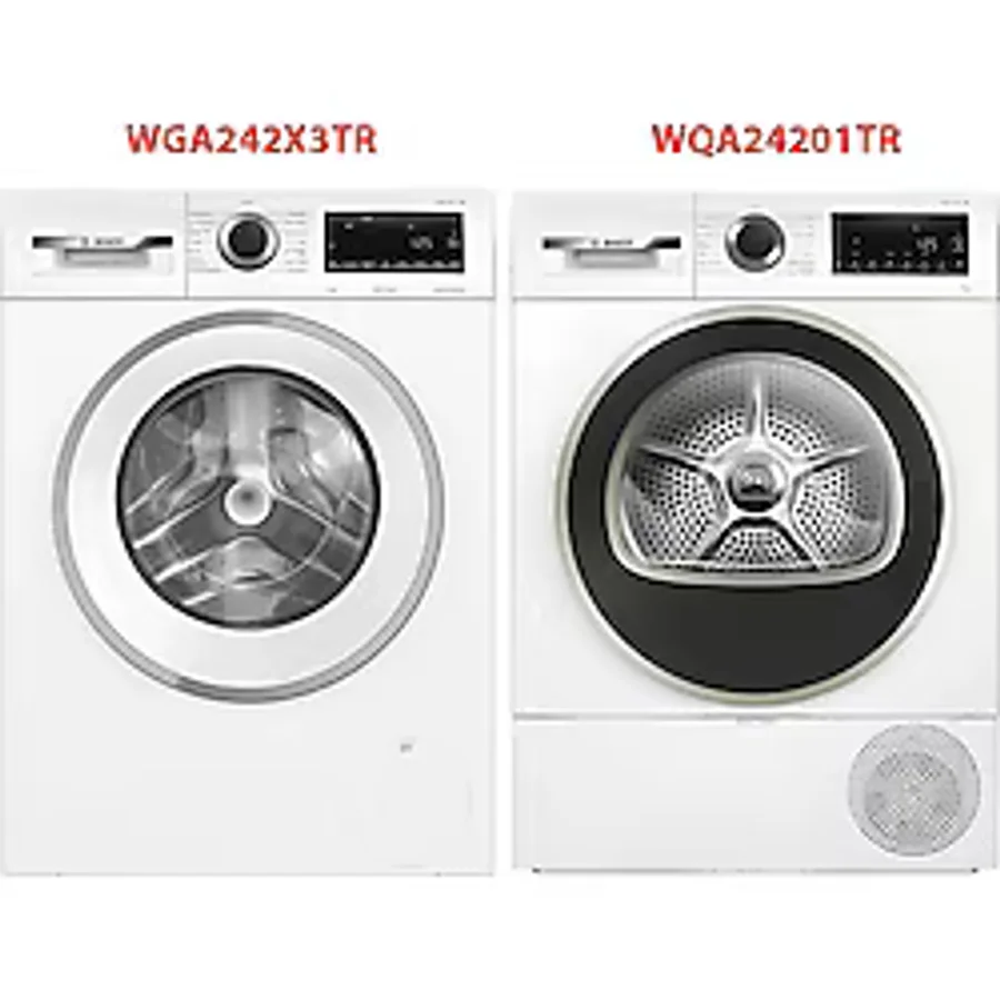 Bosch WGA242X3TR - WQA24201TR 9 kg Çamaşır Kurutma Makinesi 2'li Set Beyaz Renk Fonksiyonel Tasarım