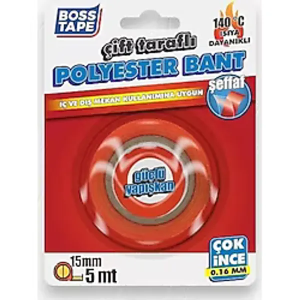 Boss Tape Polyester Çift Taraflı Isıya Dayanıklı Bant 1,6mm Şeffaf 15x5mt 140 Bt-01038