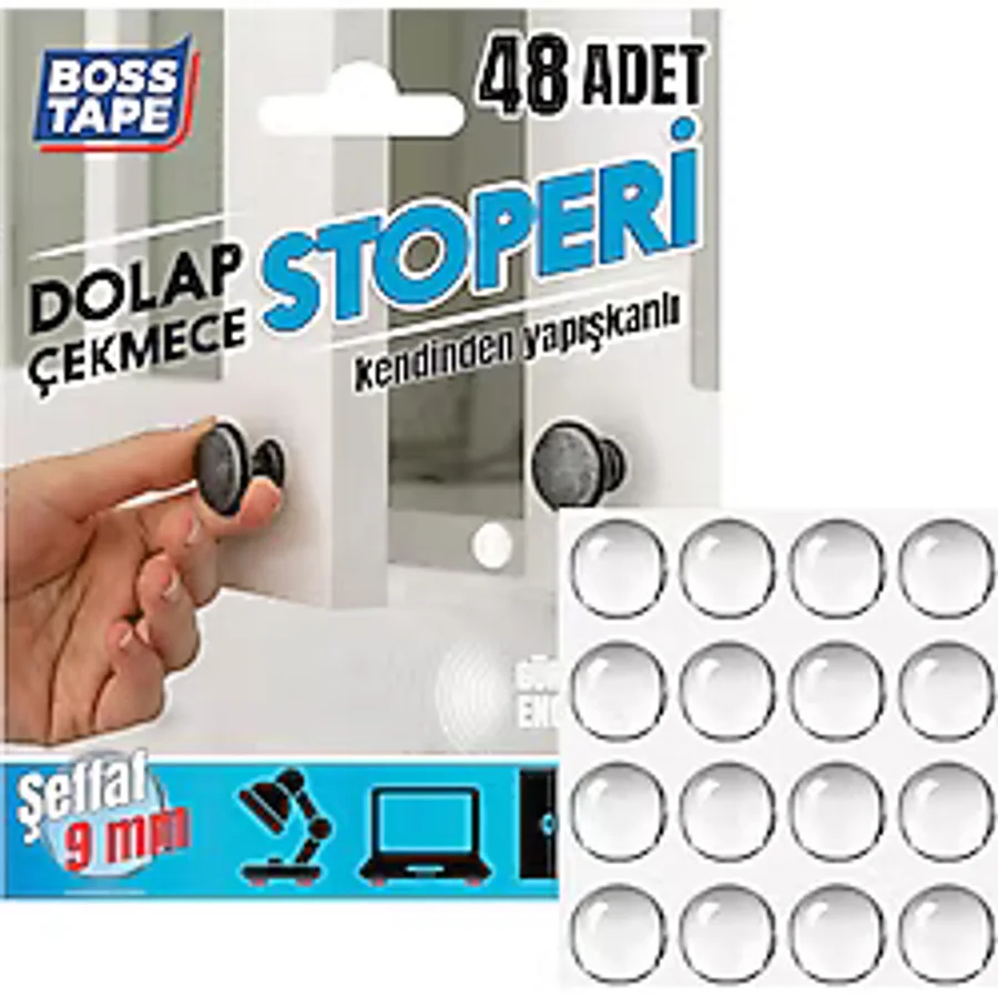 Boss Tape Yapışkanlı Dolap Çekmece Stoperi Ses Engelleyici Şeffaf 48 Adet