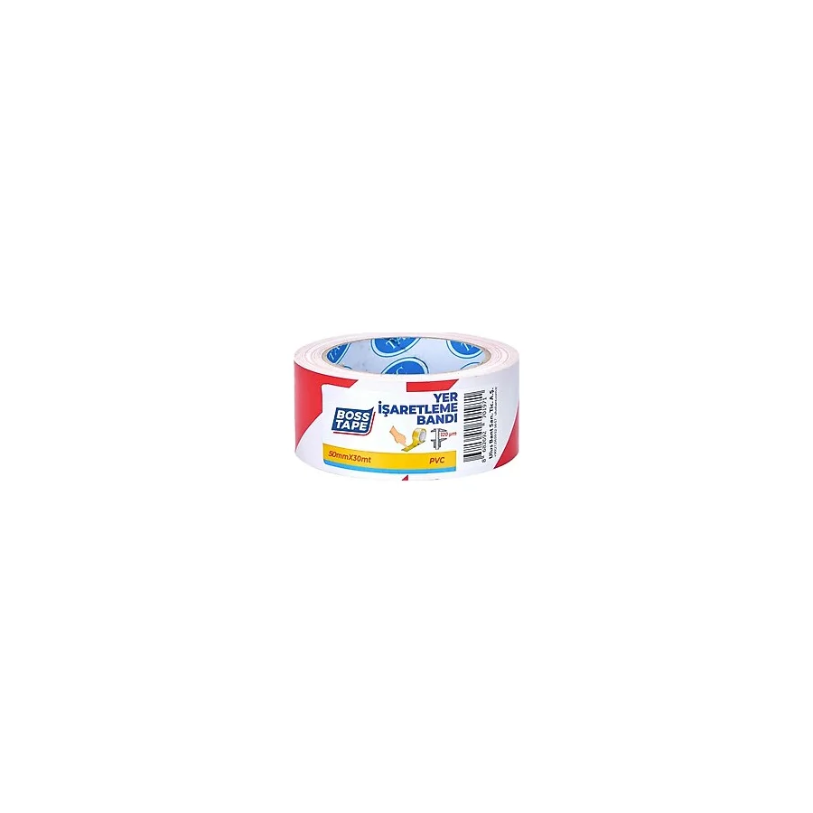 Boss Tape Yer İşaretleme İkaz Bandı 50 mm x 30 m Kırmızı / Beyaz Çizgili
