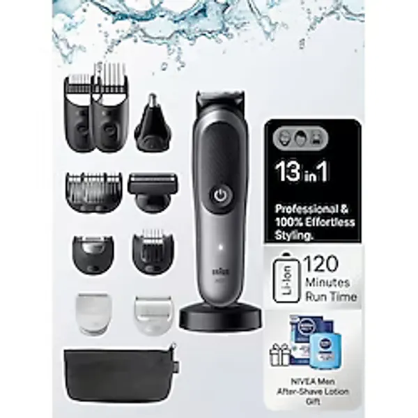 Braun Saç Sakal Vücut Kulak ve Burun Tıraşı İçin Tamamen Su Geçirmez Islak Kuru Kullanımlı Paslanmaz Çelik Bıçaklı Yüksek Hassasiyetli 10 Parça Erkek Bakım Seti Series 7 - Gri