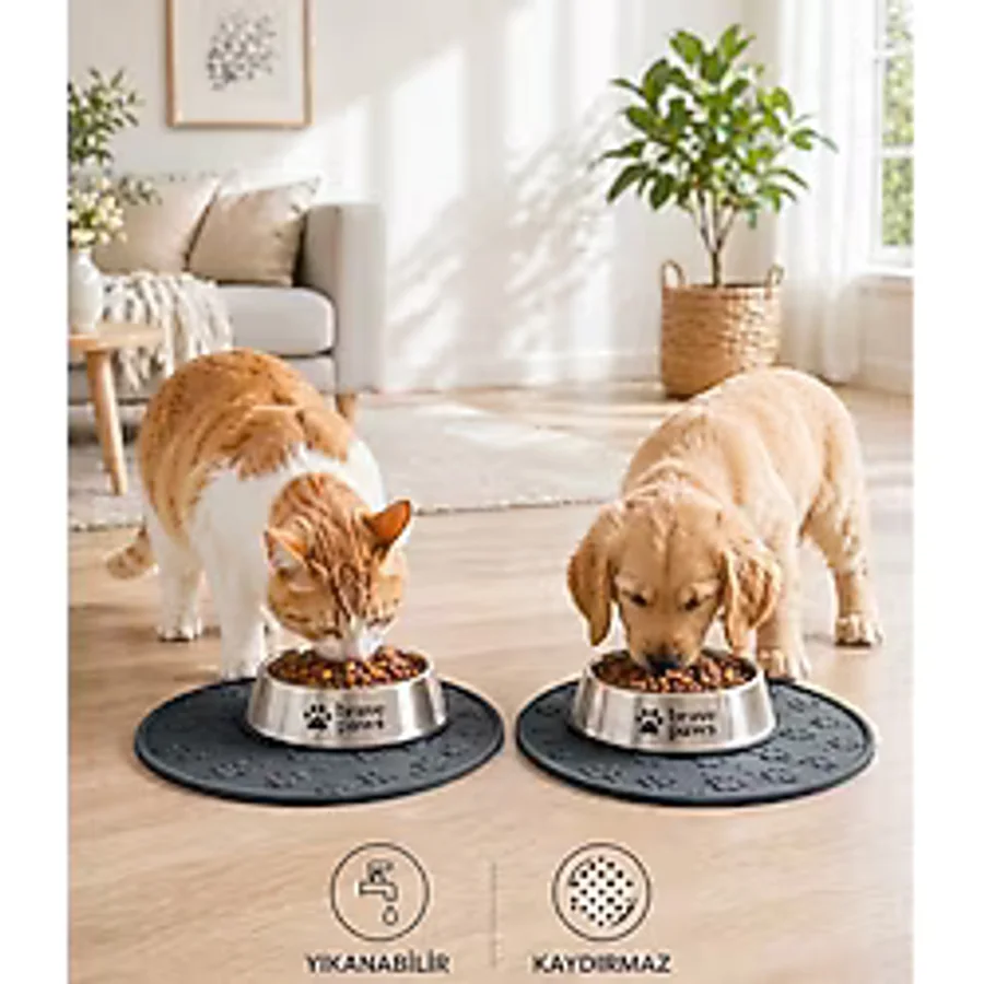 Brave Paws Silikon Mama Matı Kedi & Köpek İçin Kaymaz, Yıkanabilir, Havuzlu Mama Altlığı - Siyah