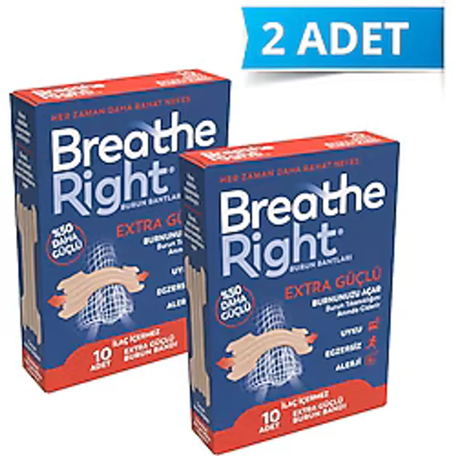 Breathe Right Extra Büyük Burun Bandı - İlaçsız, Esnek Malzeme, 66 mm, Rahat Nefes Almayı Sağlayan Ergonomik Tasarım, 10'lu x 2 Paket