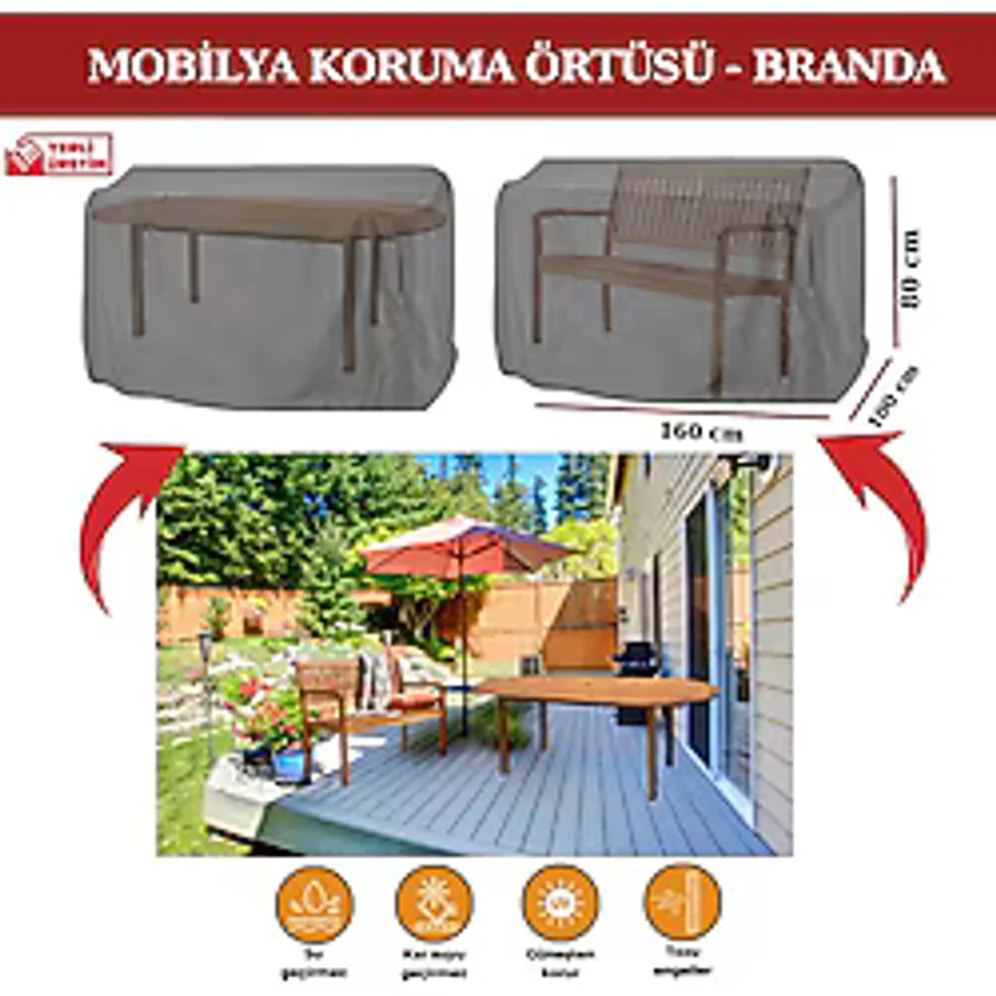 Breen Bahçe Mobilya Koruma Örtüsü Branda 160X100X80 cm - Santimetre, Su Geçirmez, Güneşten Korur - 160 x 100 - Gri