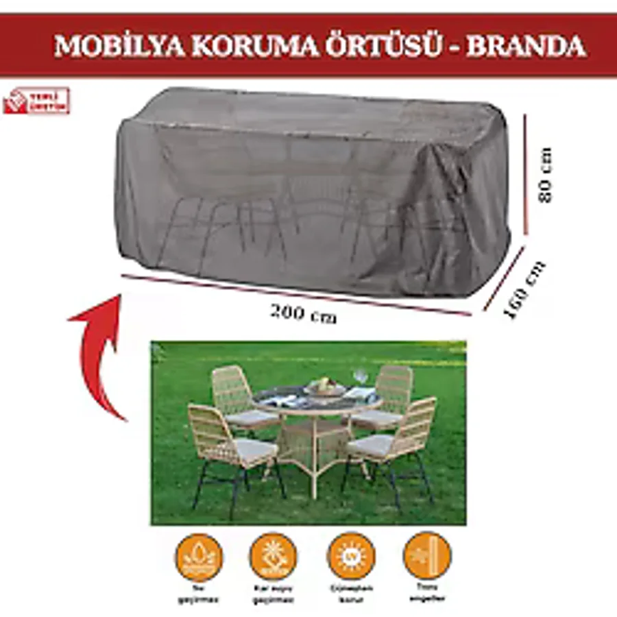 Breen Bahçe Mobilya Koruma Örtüsü Branda 200X160X80 CM - Santimetre, Su Geçirmez, Güneşten Korur - 200 x 160 - Gri