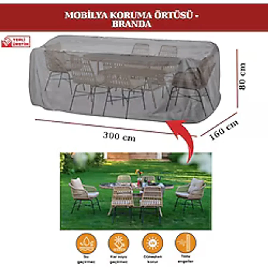 Breen Bahçe Mobilya Koruma Örtüsü Branda 300X160X80 cm - Santimetre, Su Geçirmez, Güneşten Korur - 160 x 300 - Gri