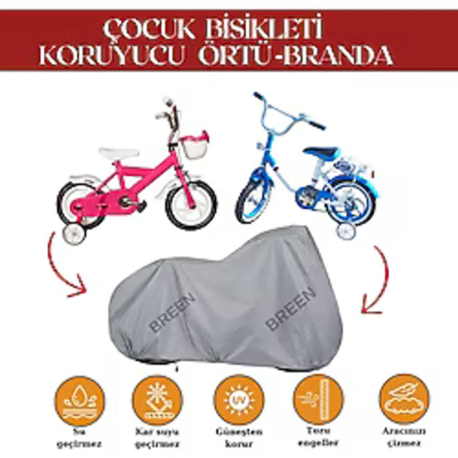 Breen Gri Çocuk Bisikleti Koruyucu Örtü, 12-18 Jant Bisikletlere Uyumlu Çocuk Bisikleti Brandası