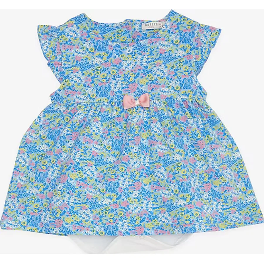 Breeze Kız Bebek Elbise Zıbınlı Çiçek Desenli Fiyonklu 9 Ay-3 Yaş, Mavi